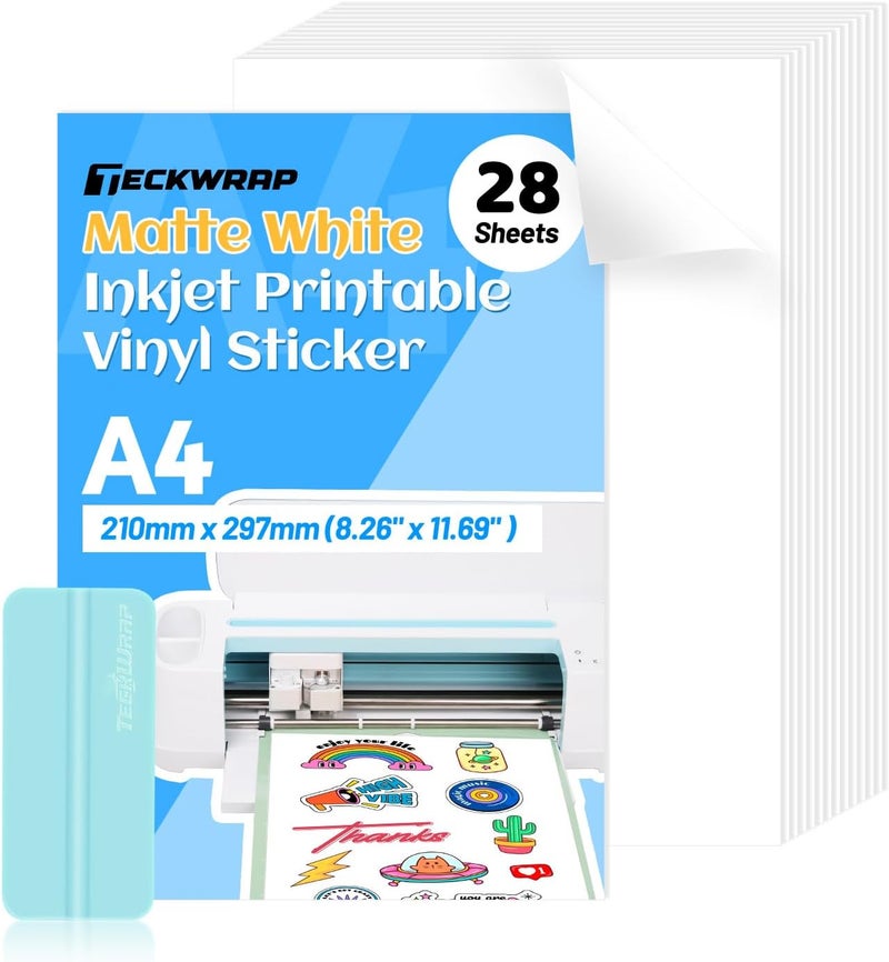 TECKWRAP Printable Vinyl Sticker Paper for Inkjet Printer Matte White Printable Sticker Paper Waterproof 8.26" x 11.69" A4 Size 28Pcs/Pack for Photo, Scrapbooking, Craft Cutters - Image 1